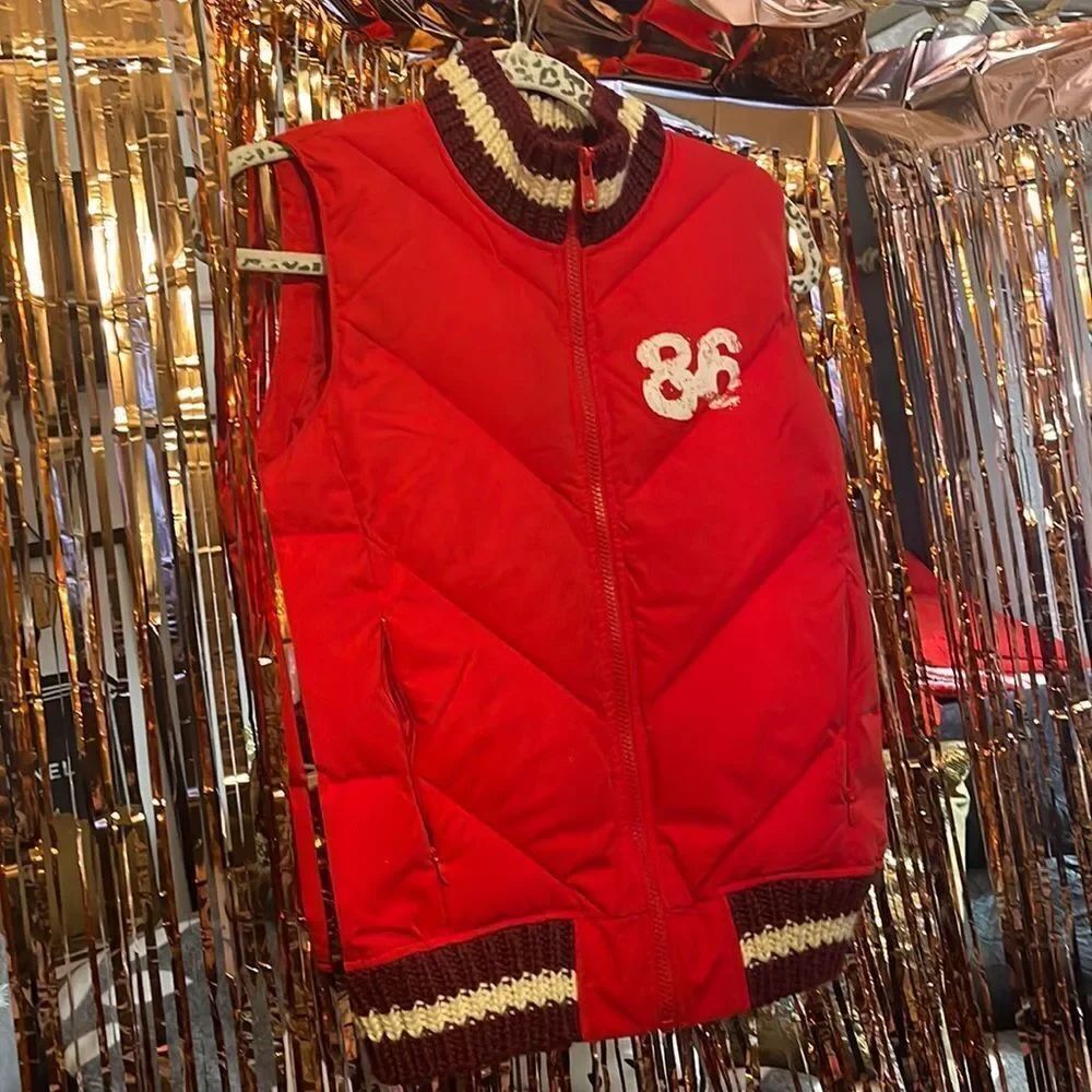 Vintage VS pink xs/small red quilted puffer vest w/sweater knit accent y2k